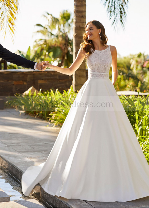 Beaded Ivory Lace Satin Cross Back Unique Wedding Dress